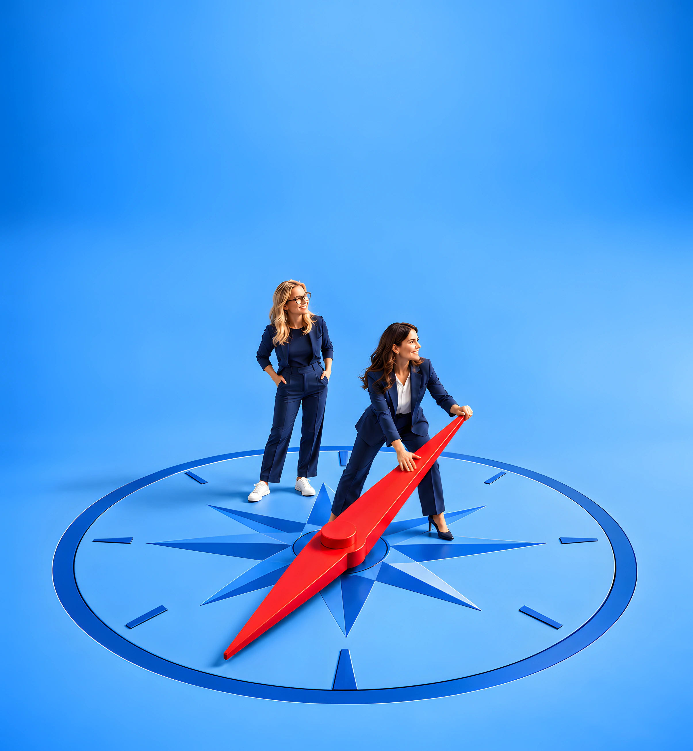 Deux femmes orientent ensemble l’aiguille rouge d’une grande boussole bleue